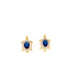 Rose gold filled huggie earrings with adorable turtle charms adorned with deep blue zirconia stones at the center, encircled by small clear crystals, set against a plain white background.